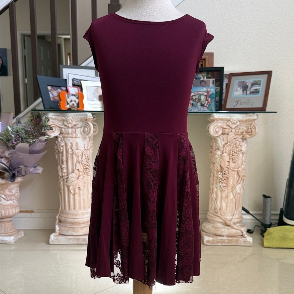 Burgundy Cap Sleeve Dress with Lace Skirt